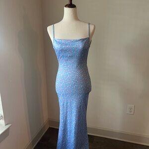 Backless Blue Floral Women's Dress